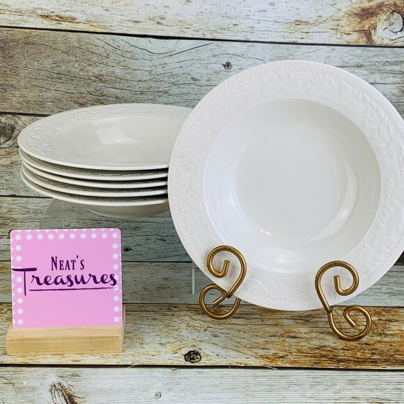 Sango GARLAND 8837 Embossed Scrolls Leaf White Stoneware Pasta Soup Bowls Set 6